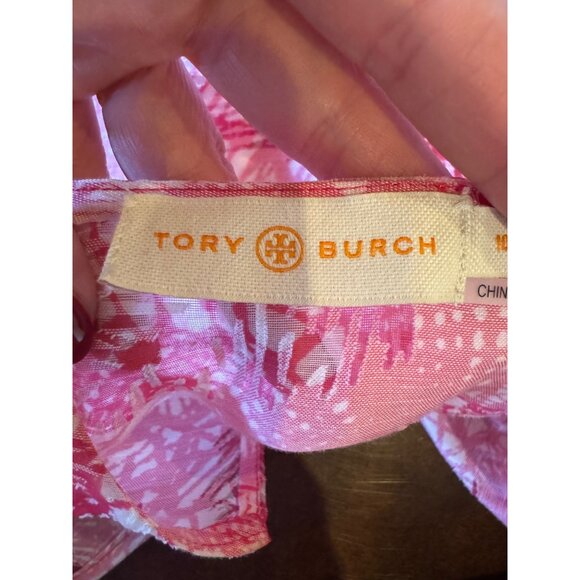 Tory Burch Shirt Women 10 Pink Floral Linen Blend Lightweight Blouse Boho Luxury - Picture 8 of 9